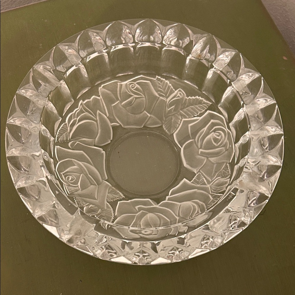 Cut Crystal Rose Pattern Ashtray - Clear Glass